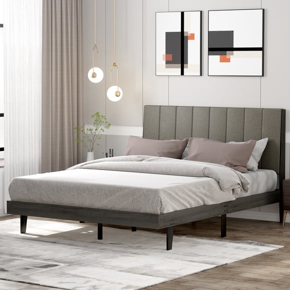 Costway Upholstered Tufted Bed Wood Platform Mattress Foundation Headboard Queen
