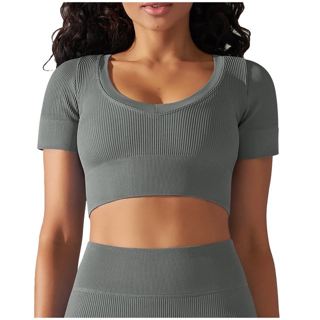 Besolor Womens Short Sleeve Cropped Workout Tops Round Neck Ribbed Knit Athletic Yoga Running Slim Fitted Gym Shirts