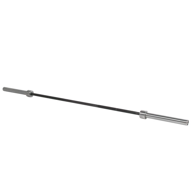 CAP Barbell Olympic Bar, 2-Inch, 1200-Pound Capacity, 7-Ft, shown in a centered side view with a black cold rolled steel shaft featuring knurled hand grips and silver rotating bushings on 15-inch loadable sleeves, suitable for Olympic weightlifting and strength training.