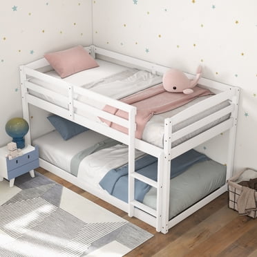 Costway Lit Superposé Bas Simple sur Simple avec Garde-Corps Échelle Intégrée Enfants en Bois Blanc