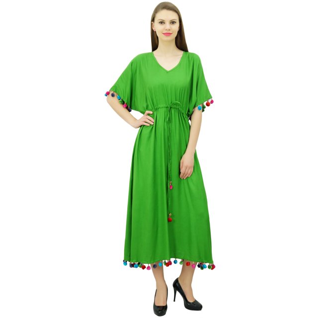 Bimba Robe Kaftan Longue en Rayonne pour Femme avec Pompon, Designer Chic, Maxi Caftan