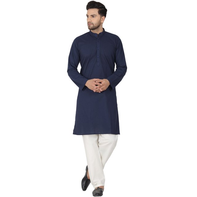 SKAVIJ Ensemble Kurta Pyjama Homme Coton Manches Longues Soirée Yoga Robe Blue S
