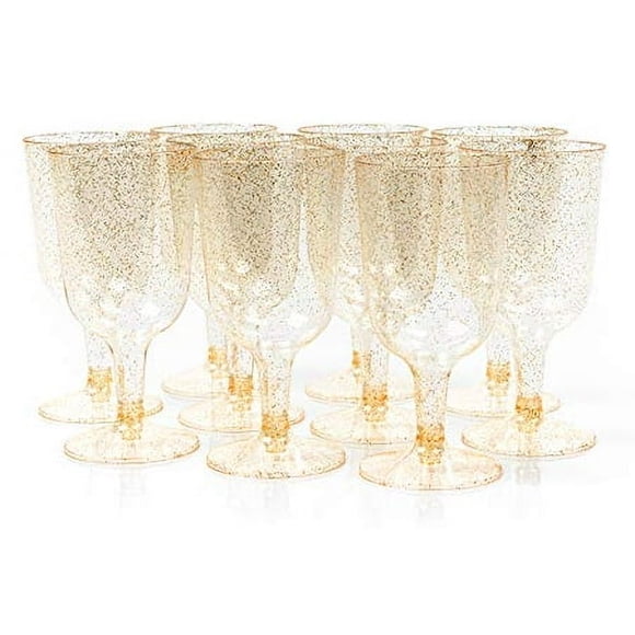 MATANA 50 Gold Glitter Plastic Wine Glasses, 6oz - Sturdy & Reusable
