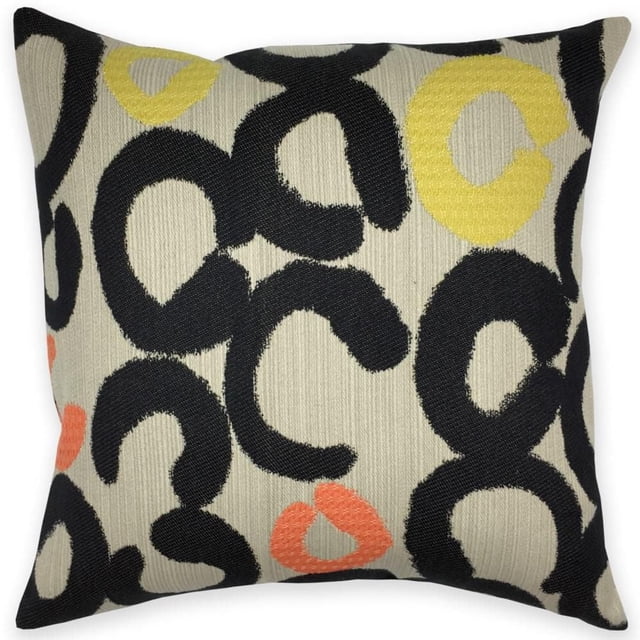 Homeport Ameoboid Decorative Pillow with a beige textured fabric cover featuring abstract black, yellow, and orange amoeboid shapes. Feather filled with a removable cover and invisible zipper, ideal for adding personality to sofas, beds, or chairs.