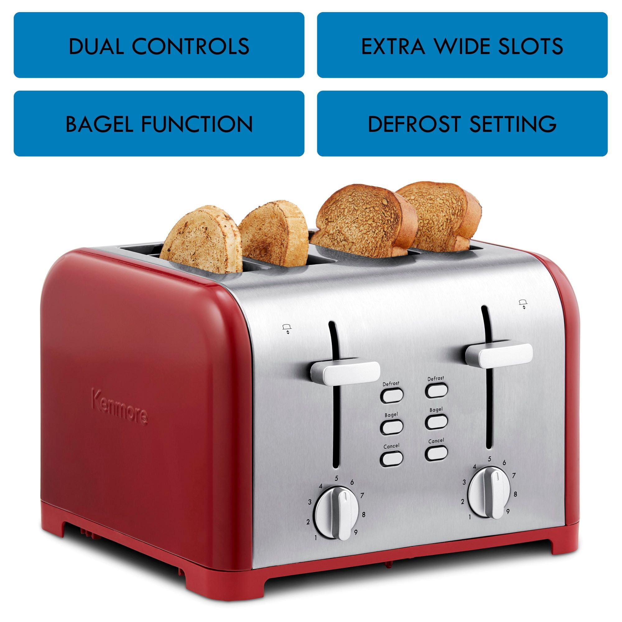 Kenmore Grille-pain 4 tranches en acier inoxydable, commandes doubles, fentes extra larges, 9 niveaux de brunissage, pour muffins anglais et plus