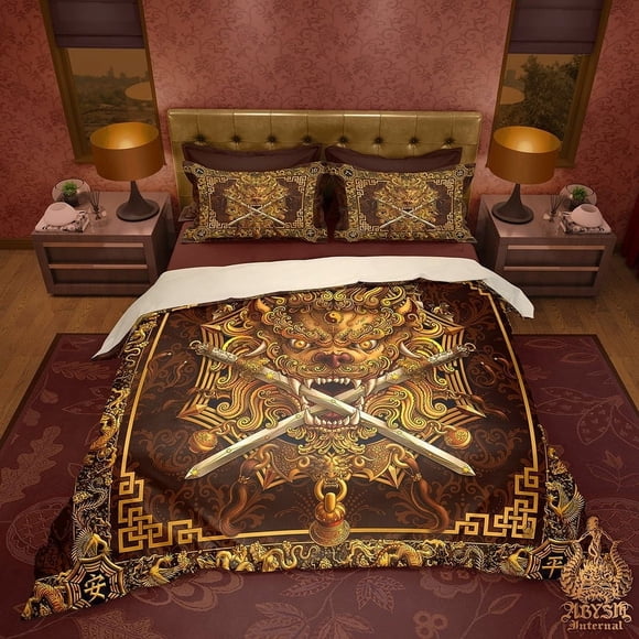 Gold Sword Lion Bedding Set, Comforter or Duvet, Taiwan Art, Chinese Bed Cover,