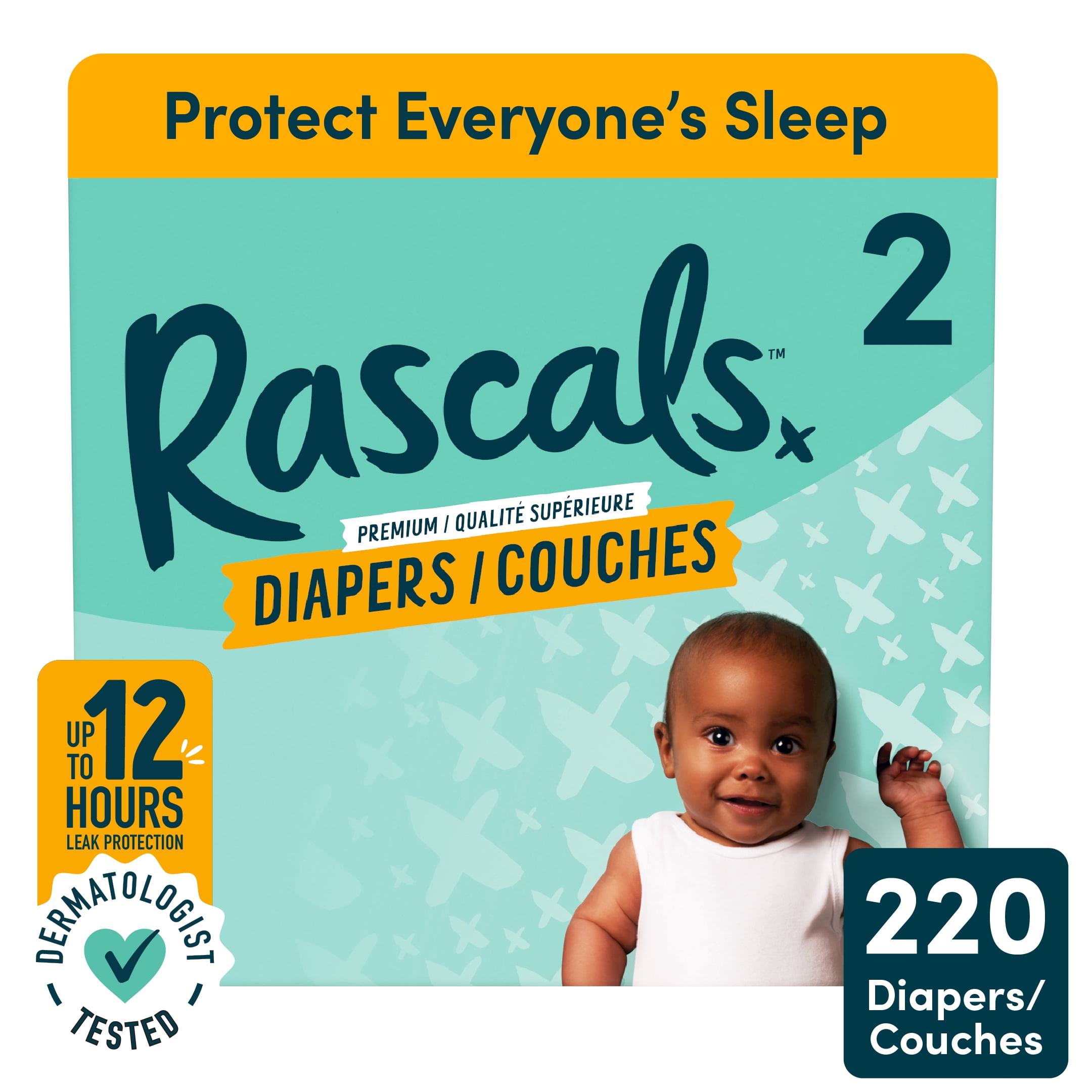 Rascals Premium Absorbent Baby Diapers, Size 2, Carton, 220 Count