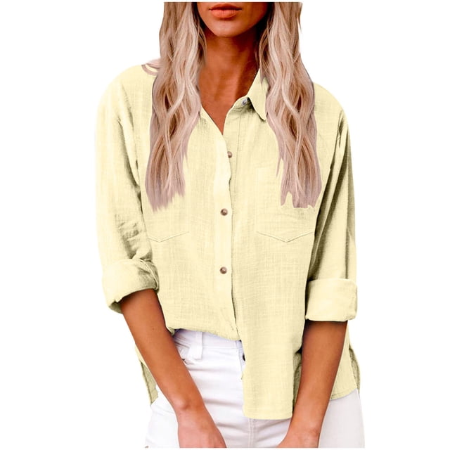 Timegard Button down Shirts for Women Plus Size Lapel Neck Cotton Linen Blouse Work Casual Loose Tops