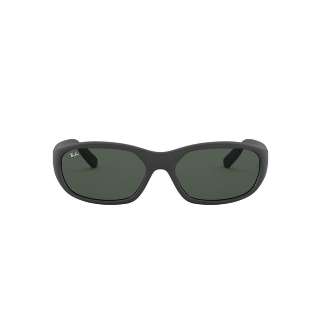 Ray Ban Sunglasses featuring a unisex rectangle shape with dark green lenses and a matte black frame, displayed front-facing on a white background, ideal for adult accessories and providing UV protection during outdoor activities.