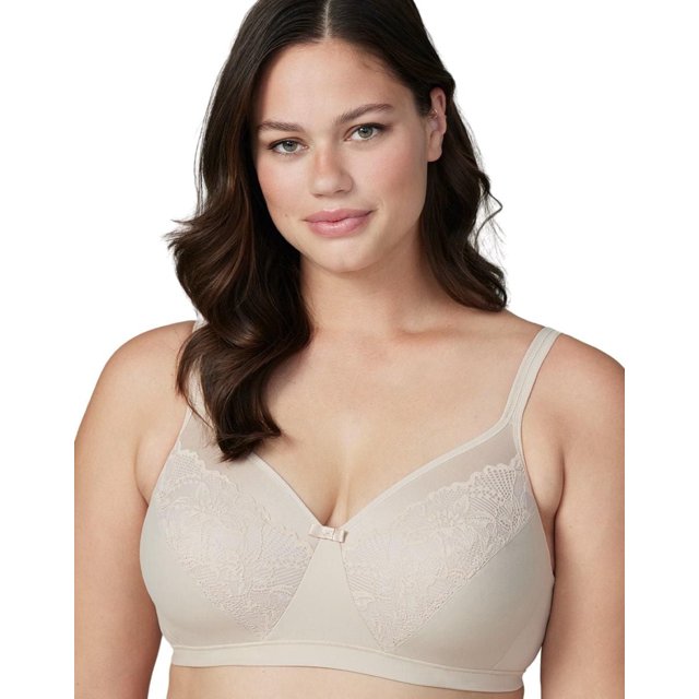 WonderBra Plus Soutien-gorge Sans Armatures Légèrement Doublé en beige avec Bonnets en Dentelle Légèrement Doublés, Armature Sans Armatures, Bretelles Ajustables et Bande de Confort pour Soutien et Galbant Grande Taille, Montré Orienté vers l'Avant sur un Modèle.