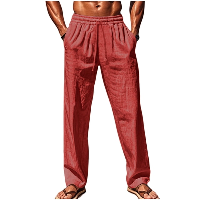 Red Mens Lounge Pants for Man Spandex Faux Linen Ruched Paperbag Straight Leg Elastic Waist Basic Long Leg Fall Summer 2025 Clothes Fashion Country Concert Y2K S