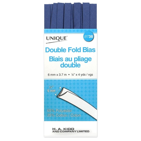 UNIQUE Double Fold Bias Tape, 7 mm (0.28 in) × 3.7 m (4.05 yd), Polyester-Cotton, White, Blue, 3.7 m (4.05 yd)
