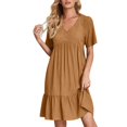 thumbnail image 1 of Soldes du Printemps 2024!Hontri Robes pour Femmes Robe d'Été Robes en Lin pour Femmes Robe T-Shirt Décontractée Manches Courtes Col en V Robe Midi Ligne A Brun,m, 1 of 7