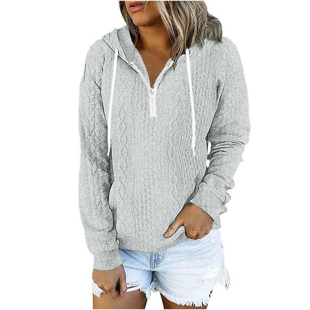 Besolor Womens Fall Fashion Quarter Zip Hoodies Sweatshirts Casual Long Sleeve Solid Color V Neck Drawstring Pullover Tops
