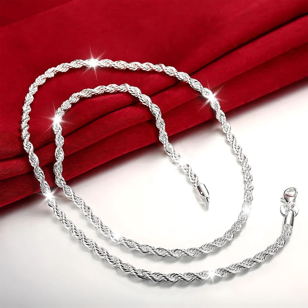 Rope Chain Necklace For Women Men, 925 Silver 4Mm Twisted Rope