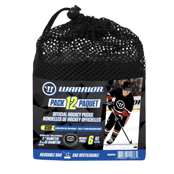 Warrior 12-pack 6oz Official Size Hockey Pucks in a Mesh Bag