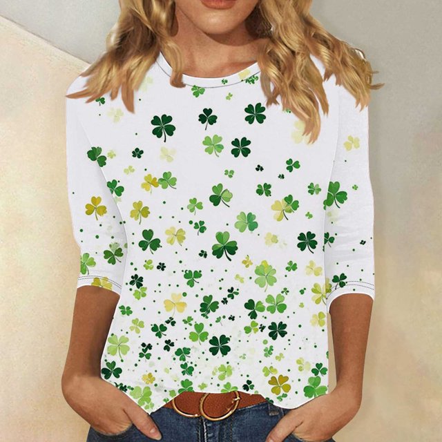 Mceream T-Shirt de la Saint-Patrick à Manches 3/4 pour Femme, Blouses à Col Rond, Décontracté, Vacances, Trèfle Irlandais, T-Shirts Graphiques, Tunique d'Été Amusante, Hauts de Festival, Grande Taille, Vert G