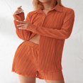 thumbnail image 3 of Women Casual 2 Pcs Clothes Set Solid Color Ruched Long Sleeve Button Down Shirts with Shorts Suit, 3 of 7
