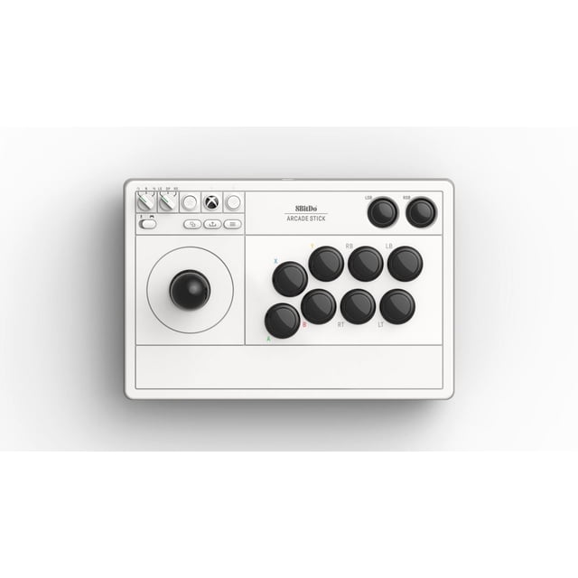 8BitDo Arcade Stick for Xbox in white, top-down view showing a wireless arcade controller with a black joystick on the left, eight black Xbox-labeled buttons on the right, two smaller shoulder buttons at the top right, and function buttons and dials along the top edge, compatible with Xbox Series X|S, Xbox One, and Windows, ideal for arcade-style gaming with customizable button mapping.
