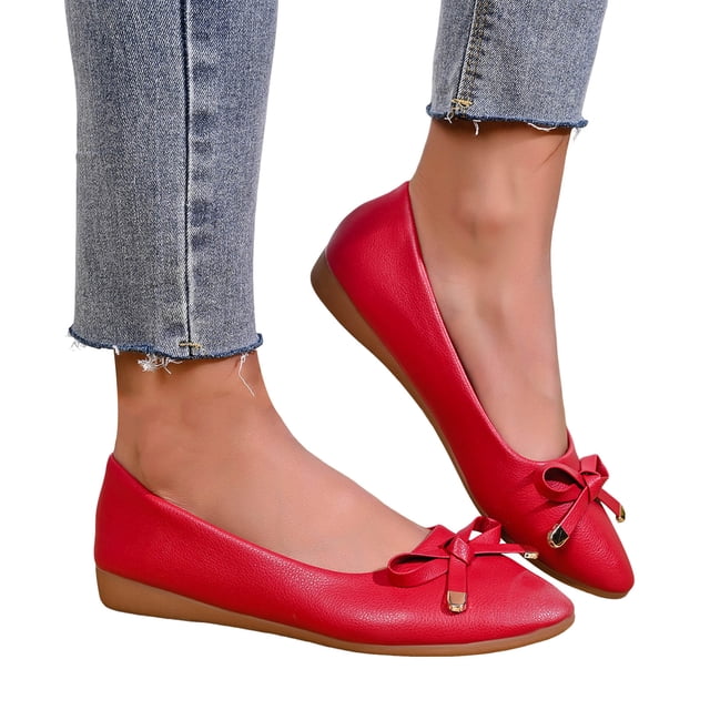 Dakaela Chaussures Plates pour Femmes, Bout Rond Fermé, Ballerines à Petit Talon Compensé, Nœud, Mocassins Confortables en Cuir à Enfiler pour Femmes, Rouge, Taille 8,5