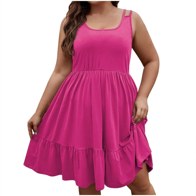 Timegard Robes Grande Taille pour Femmes Col Rond à Volants Sans Manches Ample Confortable Mi-Longue Robe Été