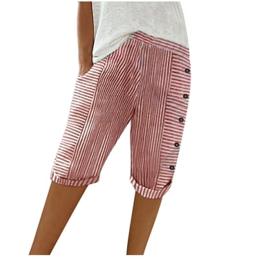 Birdeem Womens Summer Woven Striped Patchwork Button Loose Cotton Linen Casual Capris