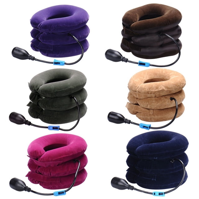 Oreiller Gonflable pour Cou en Air, Attelle de Soutien pour Traction Cervicale et Épaule, Dispositif de Trip Offert en six Couleurs : Violet, Brun, Vert, beige, magenta et Bleu Marine. Conçu pour la Traction du Cou et la correction de la posture, Il Présente une structure Gonflable à Couches, des Sangles Ajustables et une Pompe Manuelle pour un Soutien Personnalisé. Convient aux Voyages, au Travail Ou à la Détente.