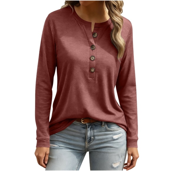 HongQid Womens Long Sleeve Tops Round Neck Solid Color Henley Shirts Ladies Basic Button Tunic Blouse