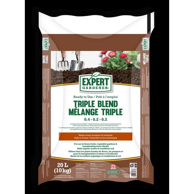 EG Triple Blend 20L bag of Expert Gardener soil blend with brown and white packaging featuring gardening tools and flowers, designed to add organic matter and condition soil, ideal for flower beds, vegetable gardens, and transplanting trees, helps retain moisture and nutrients.