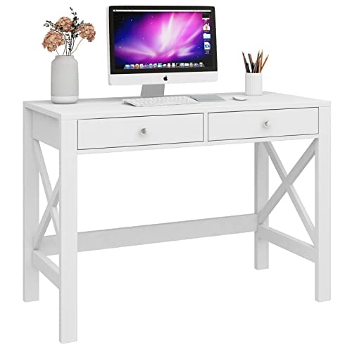 ChooChoo Computer Desk Study for Home Office, Modern Simple 40 Inches White Desk with Drawers, Makeup Vanity Console Table