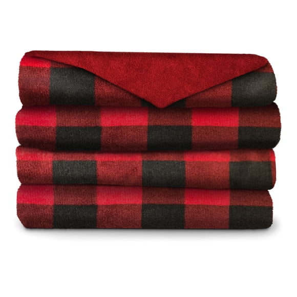 Sunbeam Couverture Jetée Chauffante Électrique en Microplush Comfy Orteils Poche pour les Pieds Carreaux Buffalo Rouge