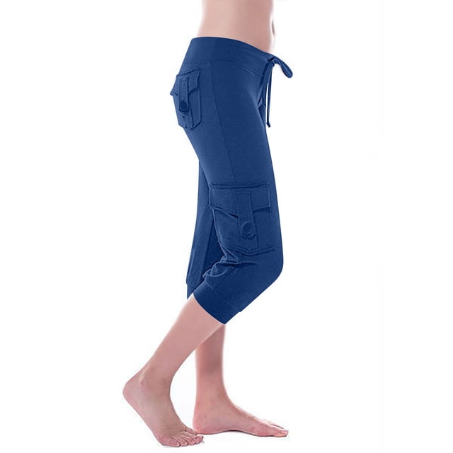Moxiu Capris Cargo pour Femmes avec Multiples Poches Été Taille Mi-Haute Pantalon Jogger Grande Taille Extensible Tactique Tavel Randonnée Pantalon Court Bleu,G