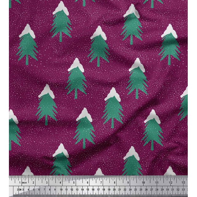 Soimoi Rayon Fabric Snow & Tree Christmas Print Fabric by The Yard 42 Inch Wide