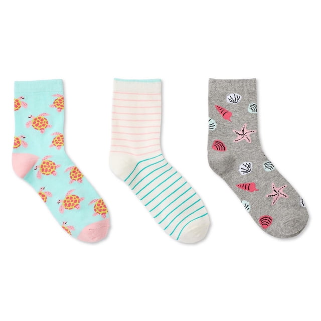 George Women's Mid-Crew Socks 3-Pack with three pairs of cotton-rich mid-crew socks featuring ribbed cuffs: light blue with pink and yellow turtles, white with pink and teal stripes, and grey with pink starfish and seashells, ideal for casual daily wear.