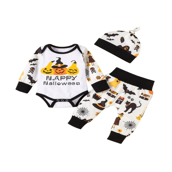 Newborn Baby Boy My First Halloween Outfits Pumpkin Long Sleeve Romper + Ghost Pants + Hat 3Pcs Clothes White 0-3 Months