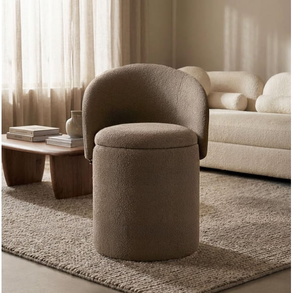 Aykah Tabouret-coiffeuse Ottoman en Bouclé Nuage avec Rangement, Ottoman Rond avec Couvercle, Tissu Teddy Rembourré