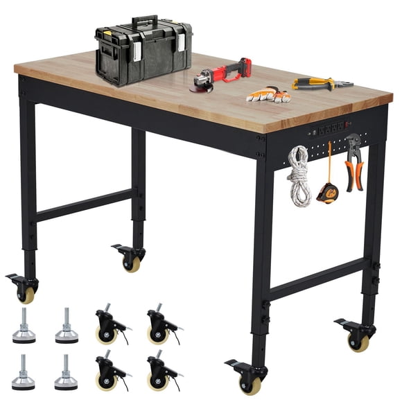 60x22" Adjustable Workbench on Wheels, 2000 LBS, Rubberwood Top, Power Outlet