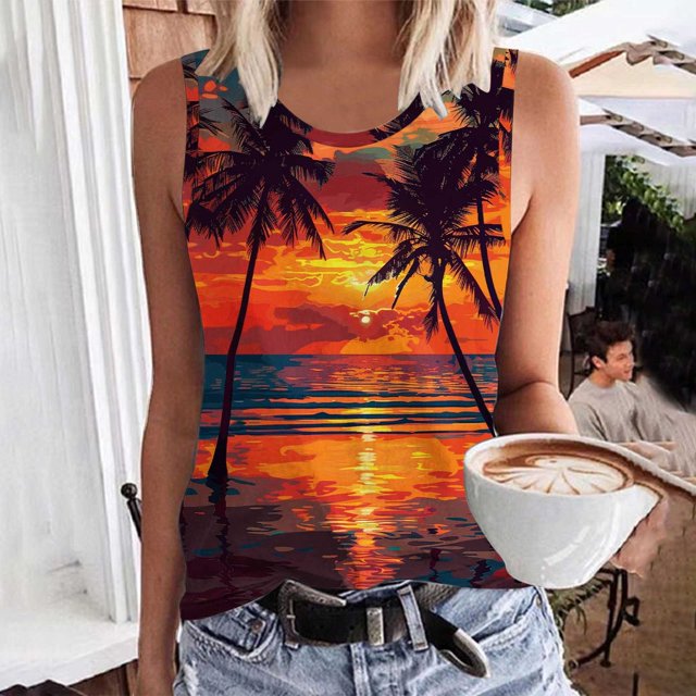 lSLJS Women Floral Printing Tank Round-Neck Sleeveless Block Tunic Tee Tops, Womens Tank Tops