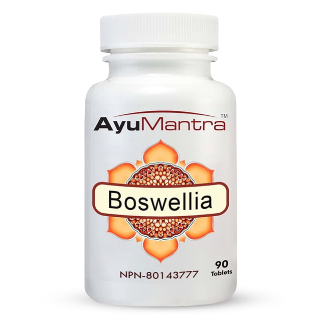 AyuMantra Boswellia Shallaki Tablets, 90 tablets, 1000mg, in a white bottle with an orange floral design and bold text reading 'Boswellia.' The label includes the NPN number 80143777. Designed for joint comfort, mobility, and healthy inflammatory response.