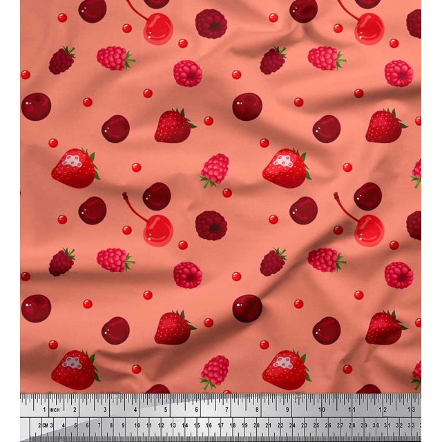 Soimoi Modal Satin Fabric Raspberry,Strawberry & Cherry Fruits Print Sewing Fabric Yard 42 Inch Wide