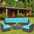 thumbnail image 1 of Gymax Ensemble de Canapé Sectionnel en Rotin pour Patio 7 Pcs, Ensemble de Meubles d'Extérieur avec Coussins Turquoise, 1 of 10