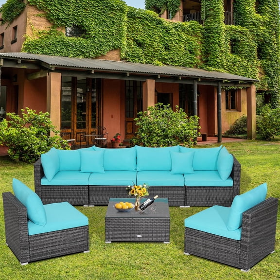 Gymax Ensemble de Canapé Sectionnel en Rotin pour Patio 7 Pcs, Ensemble de Meubles d'Extérieur avec Coussins Turquoise