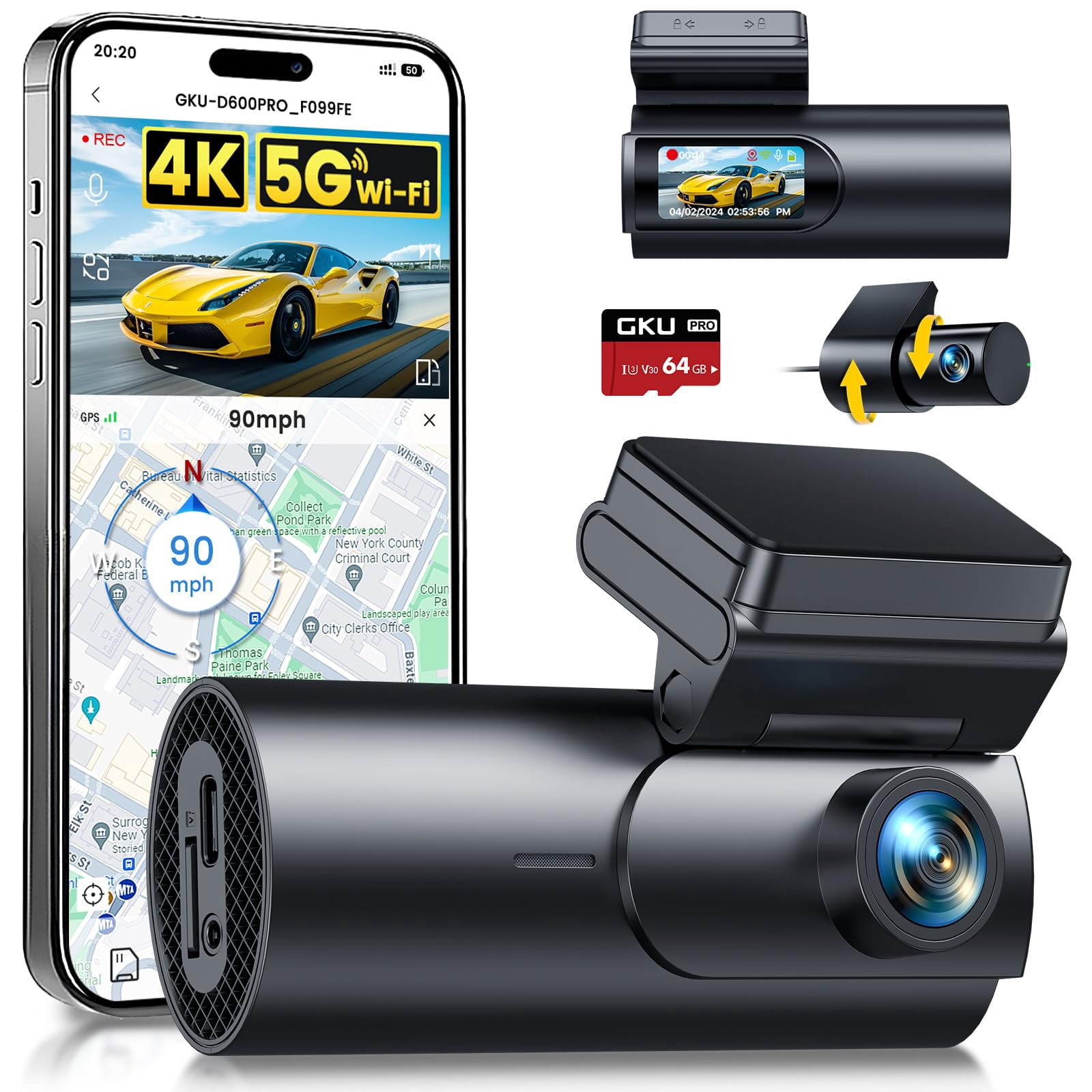 GKU Dash Cam Front and Rear Camera,4K+1080P, 5.8GHz WiFi & GPS Dash Camera for Cars,with 64G SDcard,1.47" Display Dashcam, 24HParking Mode,App Contro