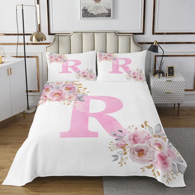 Erosebridal Ensembles de Courtepointe Rose pour Filles pour Lit Format Grand, Ensemble de Literie Lettre Initiale R, Déco Dessin Animé