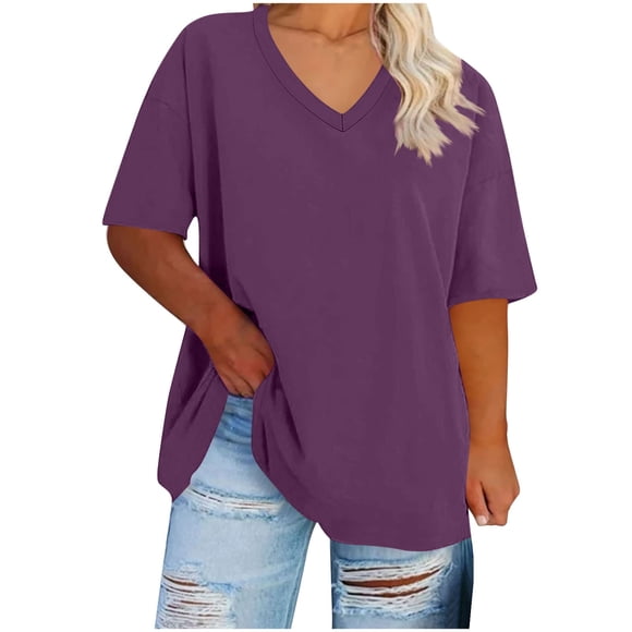 Womens Oversized Tshirts, Solid Color V Neck Tee Shirts Half Sleeve Loose Fitting T-Shirt Cotton Workout Tunic Tops Plus T Shirts for Lady Plus Size Purple XL