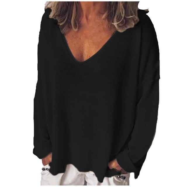 Pompotops T-Shirt Décontracté à Manches Longues Col en V Uni pour Femmes Blouse Gégulaire Pull