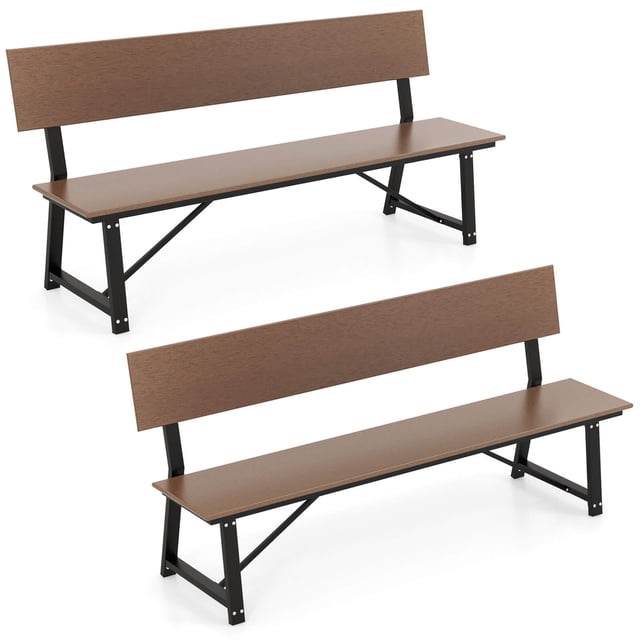 Costway 2 PCS 4-Person Bench with All-Weather HDPE Seat & Back Heavy-Duty Metal Support Brown