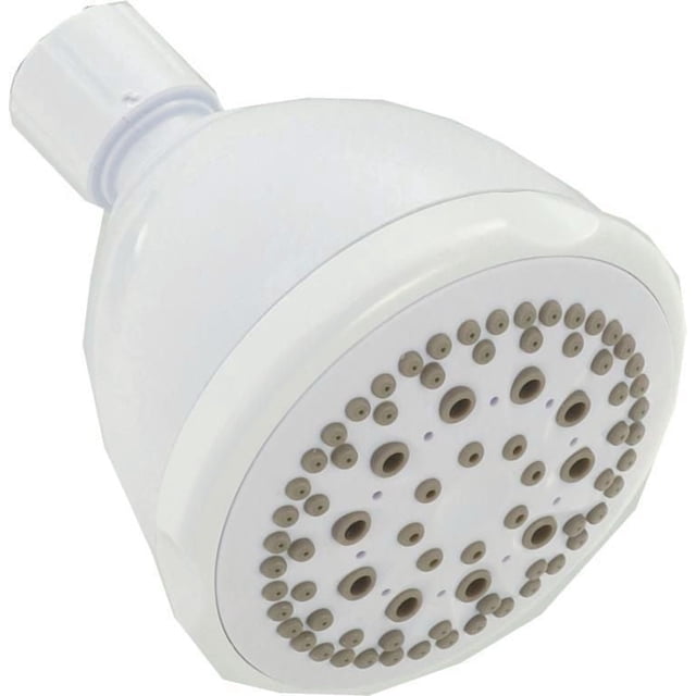 Peerless 5-Setting Shower Head in White with a round face featuring multiple rubber Touch-Clean spray nozzles arranged in concentric circles, WaterSense certified for water efficiency, with an easy-turn spray dial and adjustable ball connector, shown in a close-up angled view.