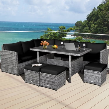 Gymax Ensemble de Conversation pour Terrasse en Rotin 7 Pcs, Sectionnel, avec Coussins Noirs