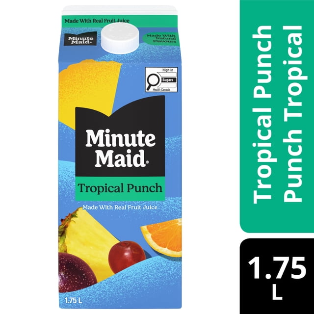 Minute Maid Tropical Punch 1.75L carton with Minute Maid branding; 1.75L tropical punch made with real fruit juice and natural flavours, blending pineapple, orange, passionfruit and grape, presented as a shareable carton and suitable as a mixer for non-alcoholic punches.